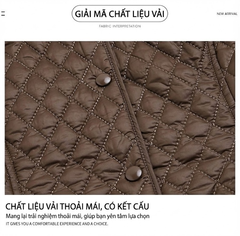 Áo Khoác Phao Nữ Cotton Trám Ô Cổ Bẻ Thiết Kế Nhỏ Nhắn Màu Đen, Nâu chi tiết 7