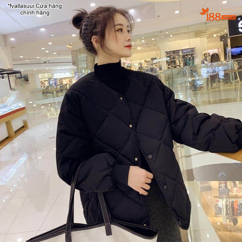 Áo Khoác Phao Nữ Cotton Trám Ô Thiết Kế Nhẹ Ngắn Tay Dáng Bomber Màu Be, Đen