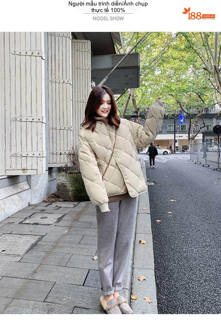 Áo Khoác Phao Nữ Cotton Trám Ô Thiết Kế Nhẹ Ngắn Tay Dáng Bomber Màu Be, Đen chi tiết 1