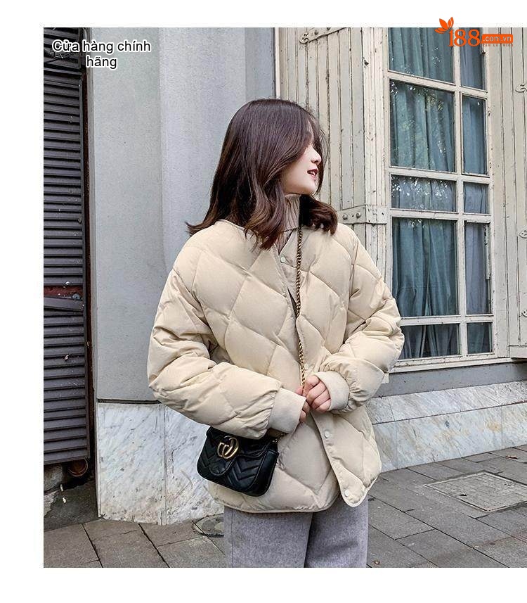 Áo Khoác Phao Nữ Cotton Trám Ô Thiết Kế Nhẹ Ngắn Tay Dáng Bomber Màu Be, Đen chi tiết 2