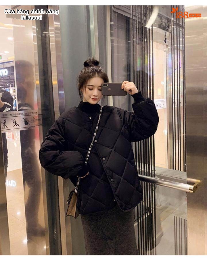 Áo Khoác Phao Nữ Cotton Trám Ô Thiết Kế Nhẹ Ngắn Tay Dáng Bomber Màu Be, Đen chi tiết 8