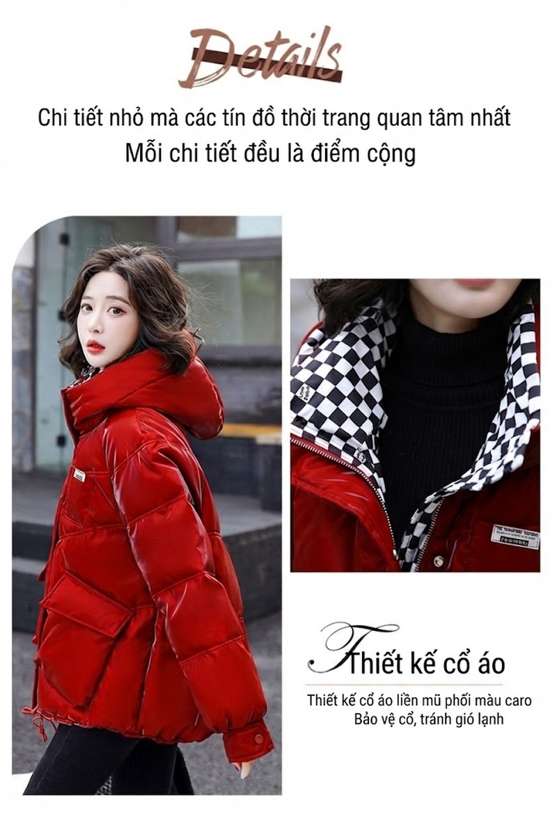 Áo Khoác Phao Nữ Da Bóng Ngắn Dáng Hàn Quốc Lông Vịt Trắng Dày Dặn Màu Xanh Lá, Đỏ, Xanh Dương... chi tiết 2