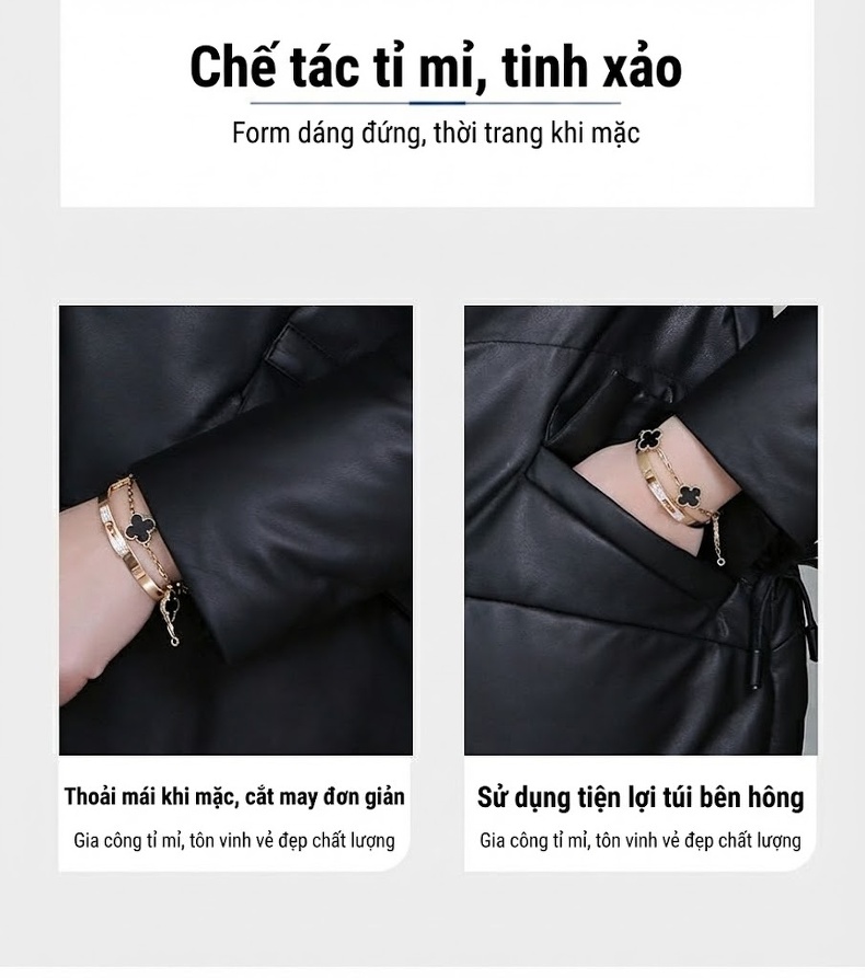 Áo Khoác Phao Nữ Da Cừu Cổ Lông Thú Kiểu Ngắn Màu Đen chi tiết 1