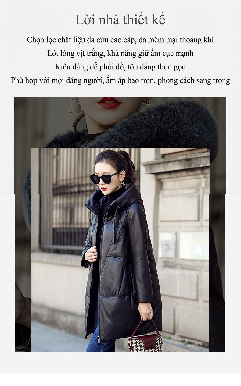 Áo Khoác Phao Nữ Da Cừu Dáng Dài Có Mũ Trùm Đầu Màu Đen chi tiết 1