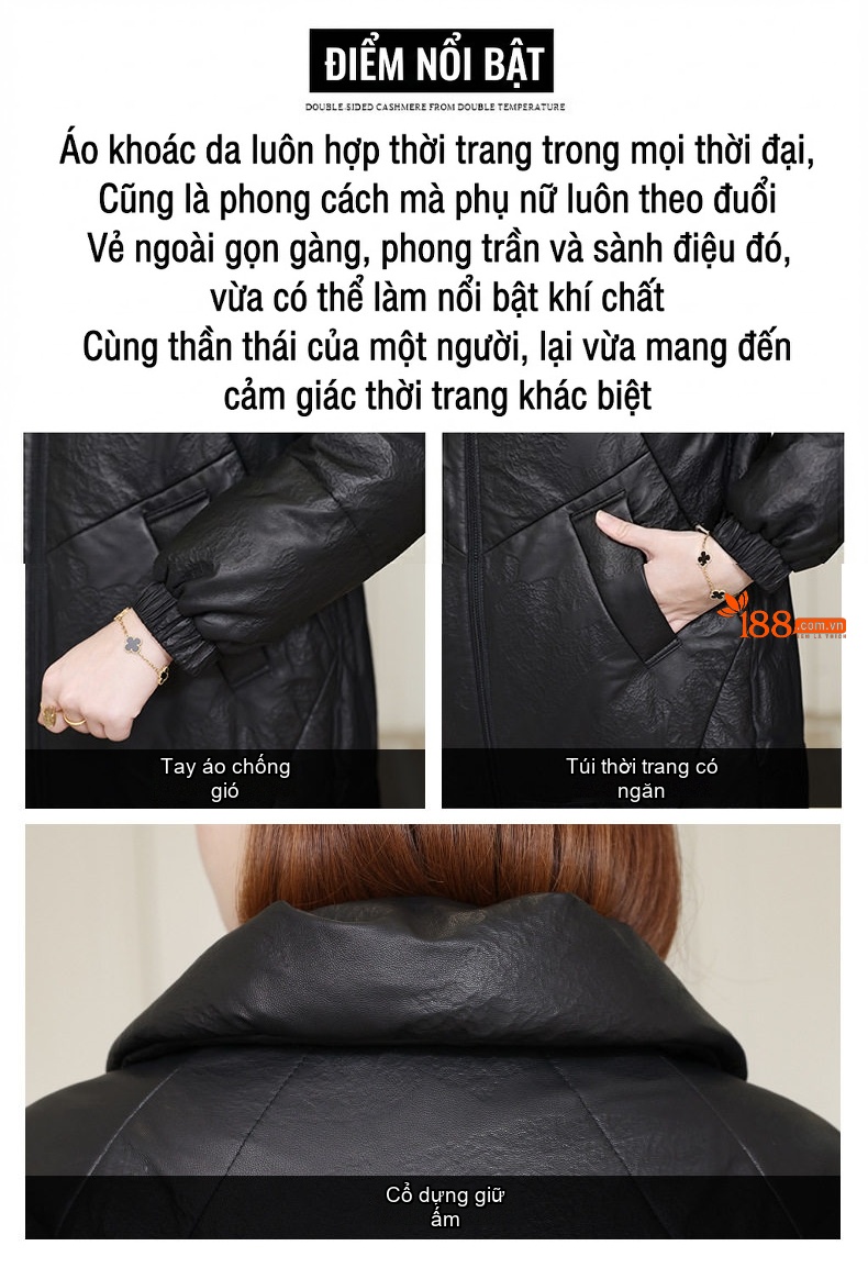 Áo Khoác Phao Nữ Da Cừu Dáng Dài Trung Niên Phong Cách Hải Ninh Màu Đen chi tiết 2