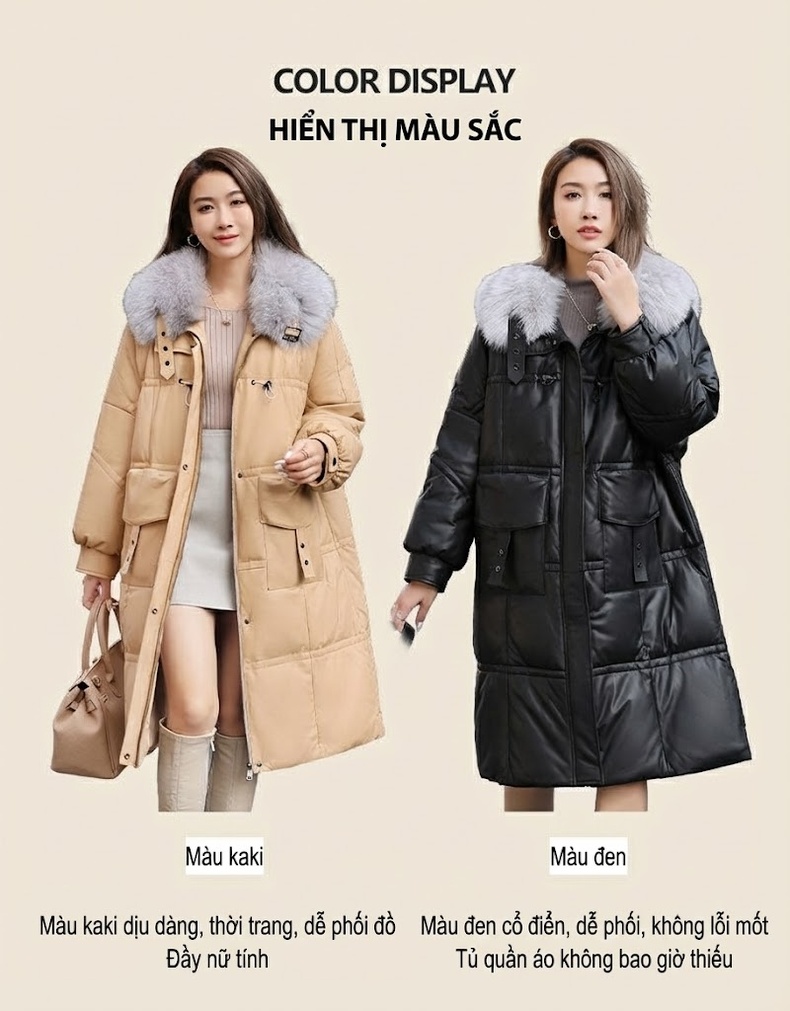 Áo Khoác Phao Nữ Da Cừu Dáng Dài Vừa Cổ Lông Cáo Màu Đen, Be chi tiết 1