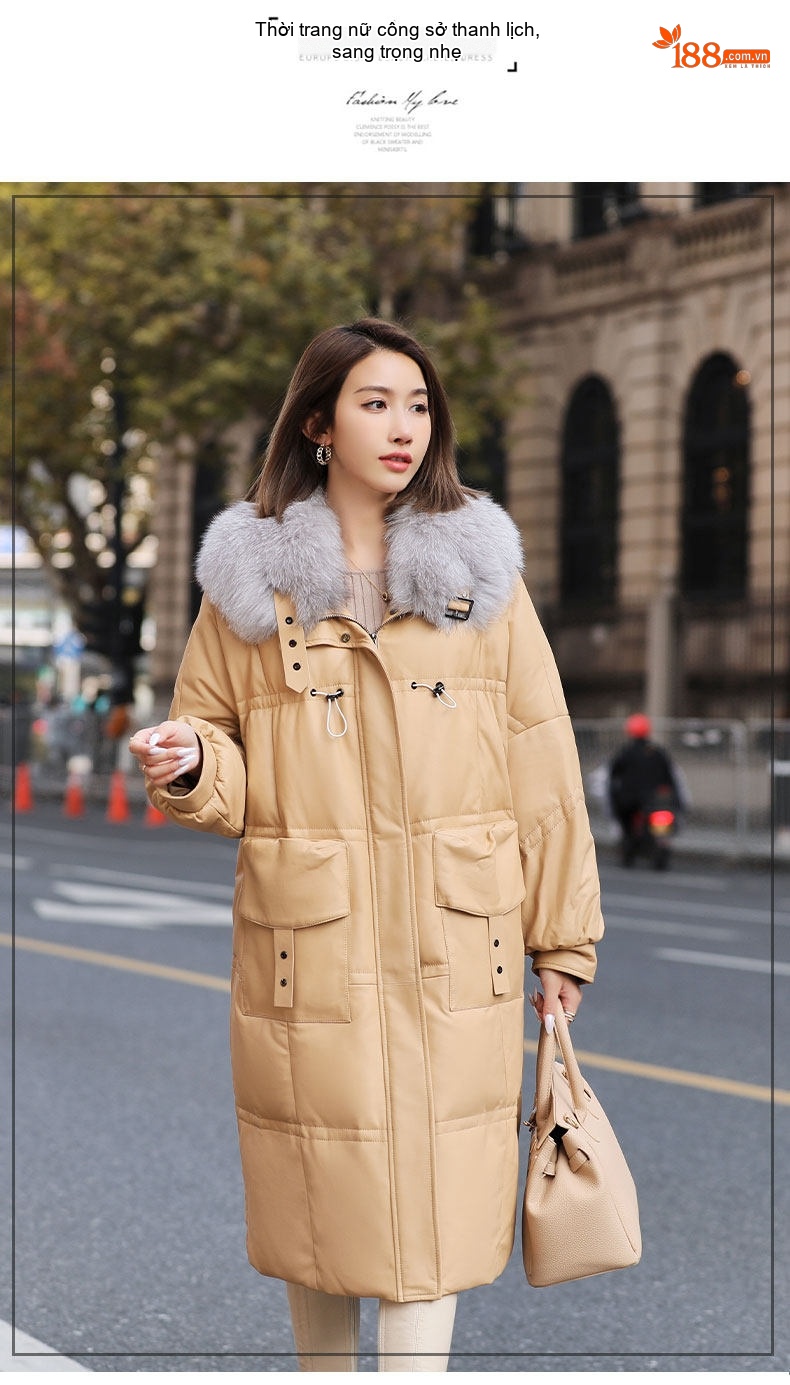 Áo Khoác Phao Nữ Da Cừu Dáng Dài Vừa Cổ Lông Cáo Màu Đen, Be chi tiết 22