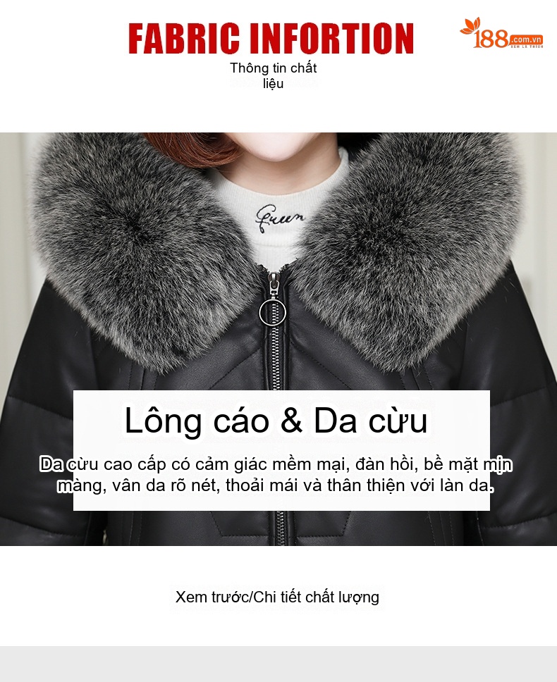 Áo Khoác Phao Nữ Da Cừu Dáng Dài Vừa Cổ Lông Thú Có Mũ Màu Đen, Xanh Lá chi tiết 3
