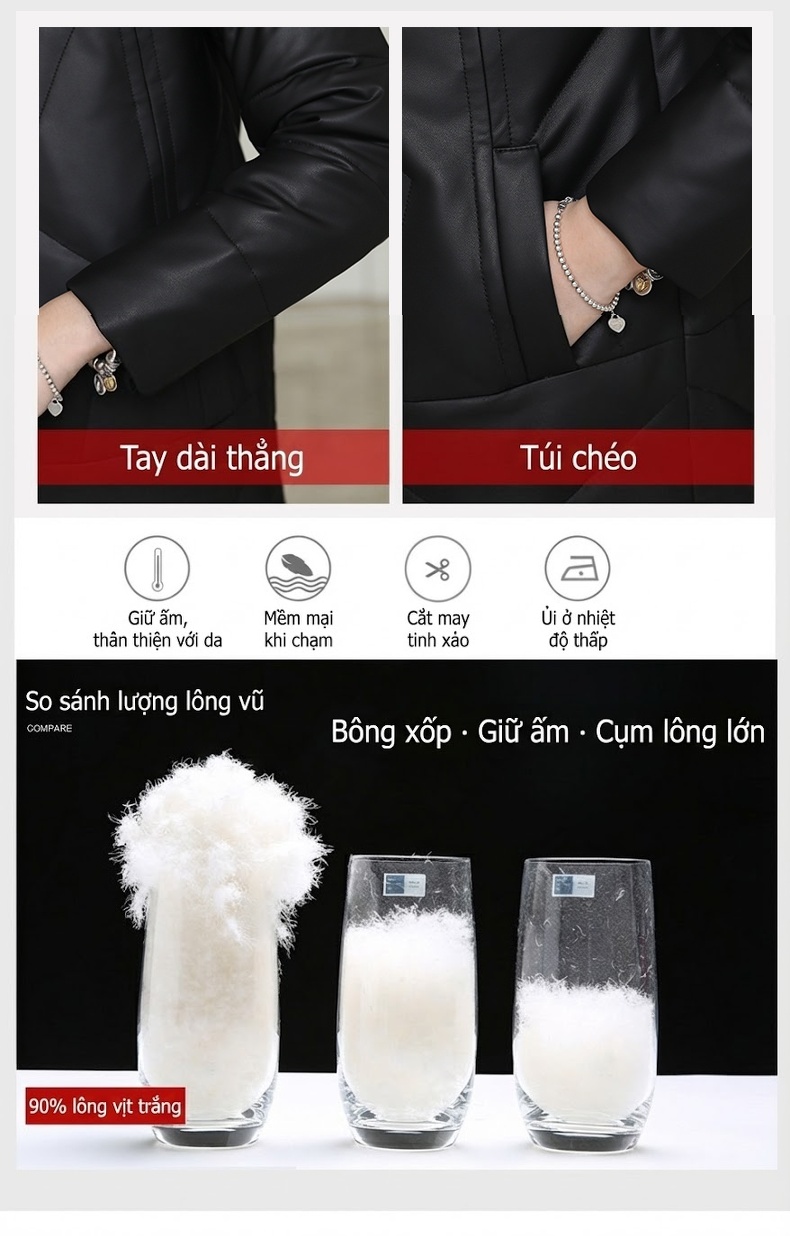 Áo Khoác Phao Nữ Da Cừu Dáng Dài Vừa Cổ Lông Thú Có Mũ Màu Đen, Xanh Lá chi tiết 4