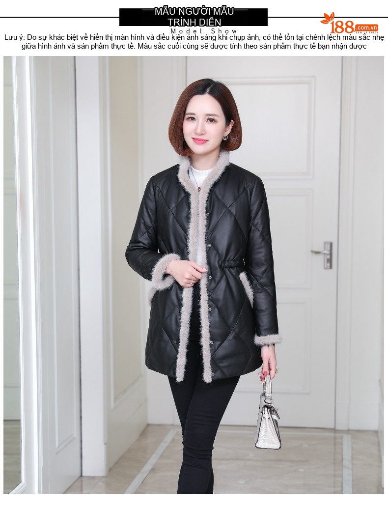 Áo Khoác Phao Nữ Da Cừu Dáng Dài Vừa Lông Chồn Phong Cách Thời Trang Màu Đen chi tiết 6