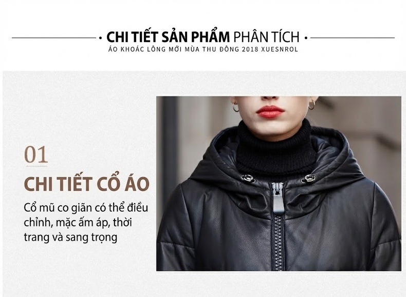 Áo Khoác Phao Nữ Da Cừu Thật Dáng Dài Vừa A Line Có Mũ Trùm Đầu Màu Đen chi tiết 2
