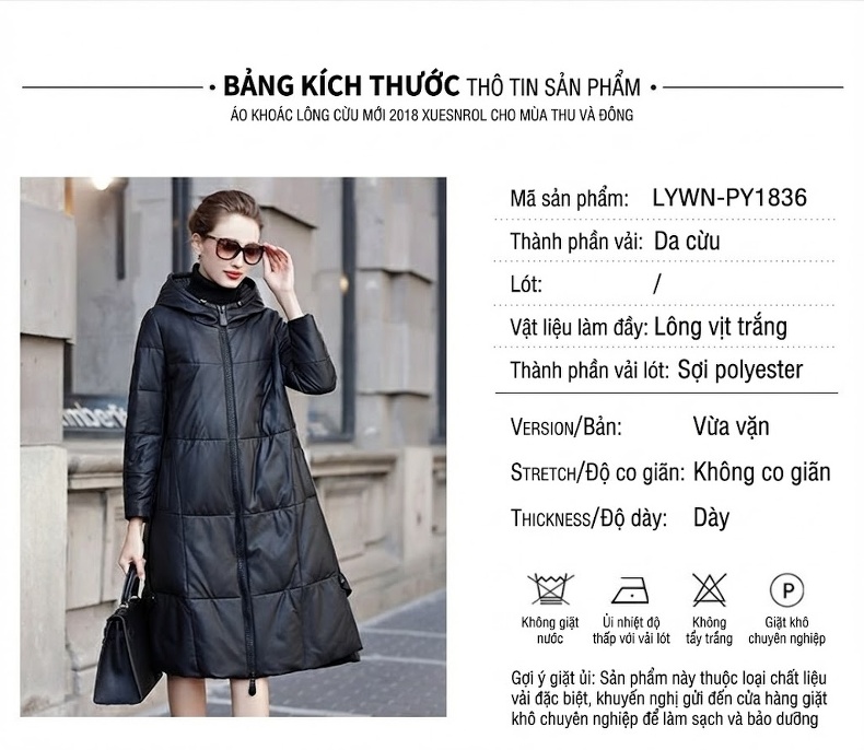 Áo Khoác Phao Nữ Da Cừu Thật Dáng Dài Vừa A Line Có Mũ Trùm Đầu Màu Đen chi tiết 4
