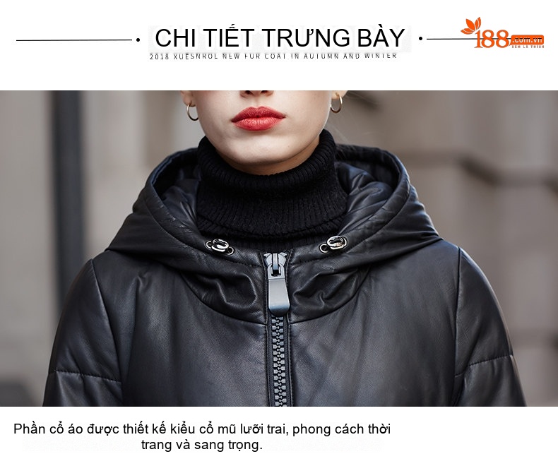 Áo Khoác Phao Nữ Da Cừu Thật Dáng Dài Vừa A Line Có Mũ Trùm Đầu Màu Đen chi tiết 15