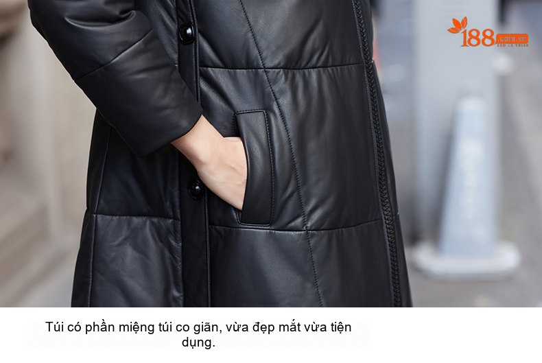 Áo Khoác Phao Nữ Da Cừu Thật Dáng Dài Vừa A Line Có Mũ Trùm Đầu Màu Đen chi tiết 16
