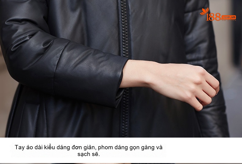 Áo Khoác Phao Nữ Da Cừu Thật Dáng Dài Vừa A Line Có Mũ Trùm Đầu Màu Đen chi tiết 17