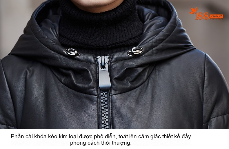 Áo Khoác Phao Nữ Da Cừu Thật Dáng Dài Vừa A Line Có Mũ Trùm Đầu Màu Đen chi tiết 18