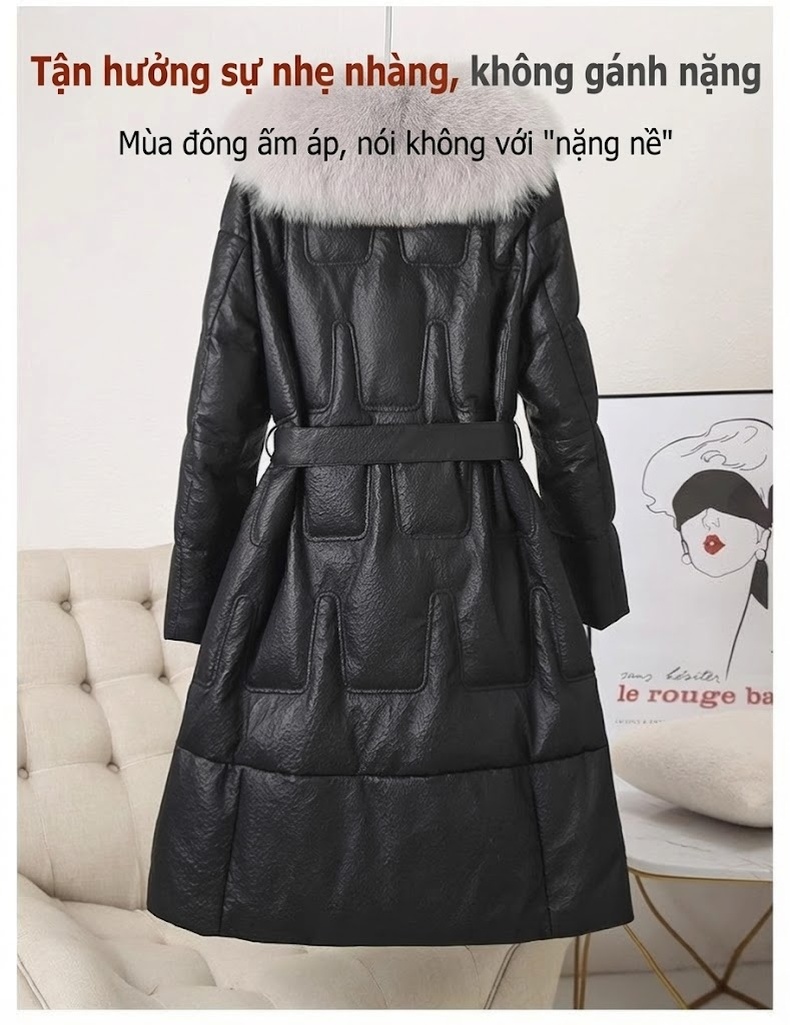 Áo Khoác Phao Nữ Da Cừu Thật Dáng Dài Vừa Cổ Lông Cáo Màu Đen chi tiết 2