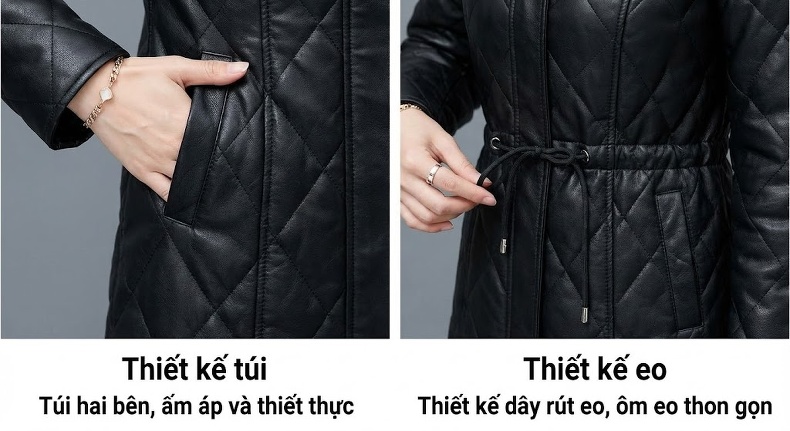 Áo Khoác Phao Nữ Da Cừu Thật Dáng Ôm Cổ Lông Màu Đen chi tiết 10