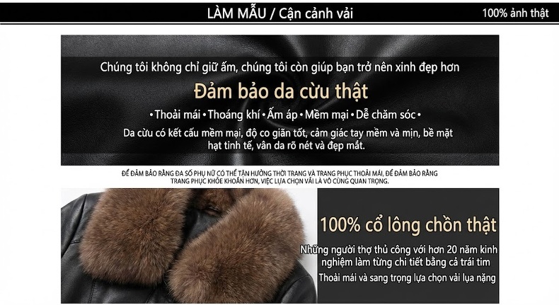 Áo Khoác Phao Nữ Da Thật Dáng Dài Vừa Cổ Lông Chồn Màu Đen, Nâu, Xanh chi tiết 4