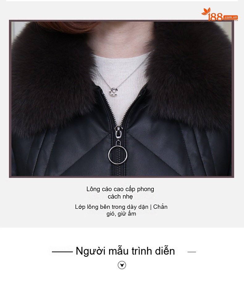 Áo Khoác Phao Nữ Da Thật Dáng Dài Vừa Lông Vũ Cổ Lông Cáo Da Cừu Màu Đen chi tiết 5