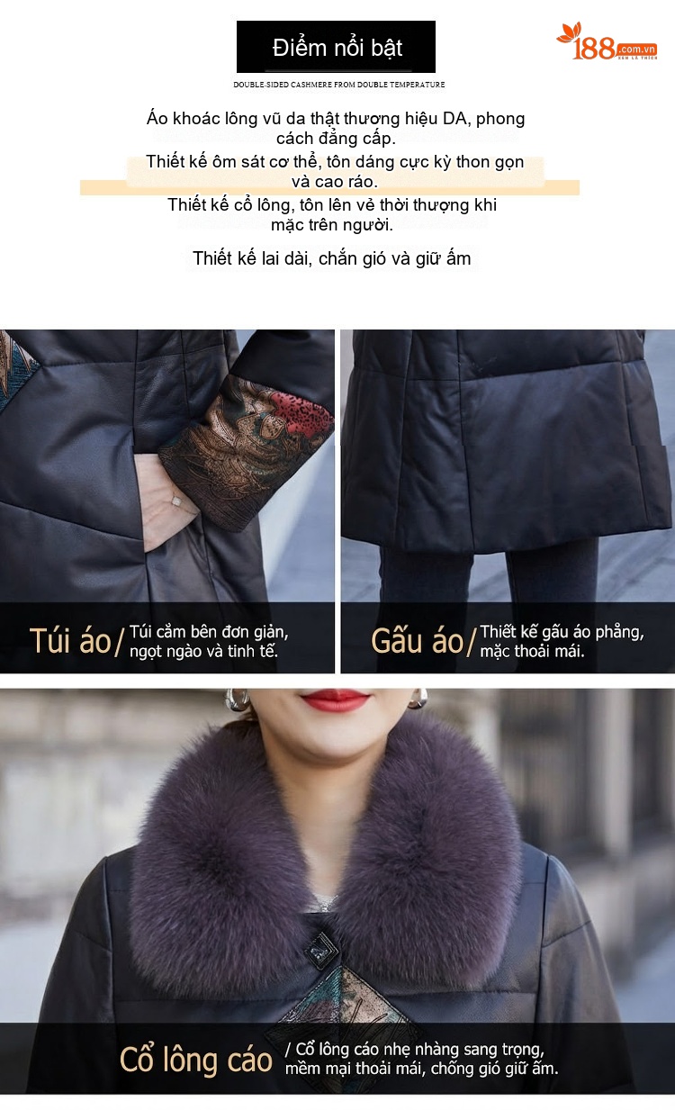 Áo Khoác Phao Nữ Da Thật Dáng Dài Vừa Lông Vũ Cổ Lông Màu Đen chi tiết 2
