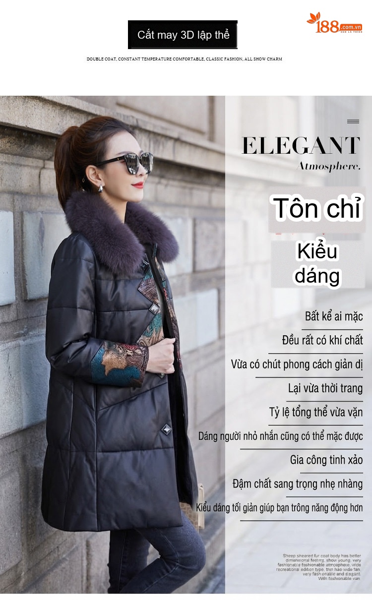 Áo Khoác Phao Nữ Da Thật Dáng Dài Vừa Lông Vũ Cổ Lông Màu Đen chi tiết 3