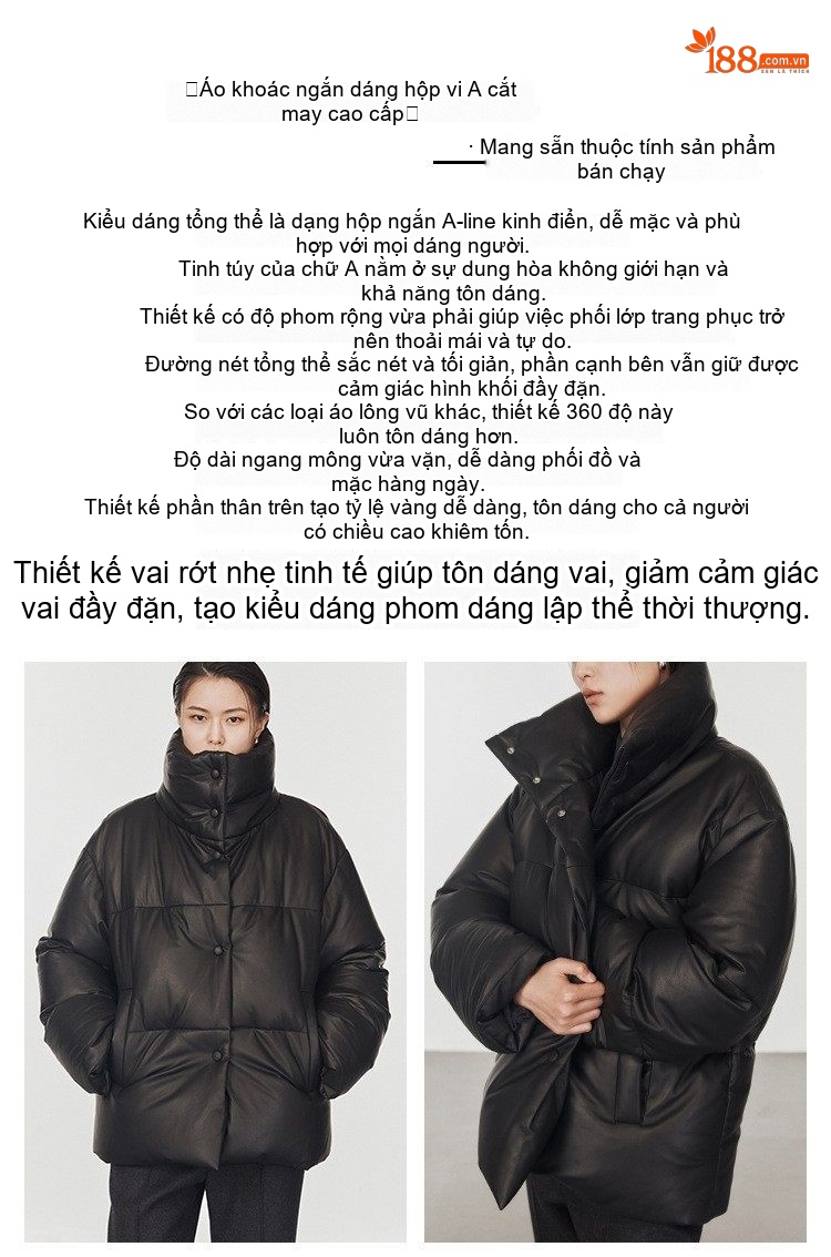 Áo Khoác Phao Nữ Da Thật Dáng Ngắn Màu Đen, Nâu chi tiết 1