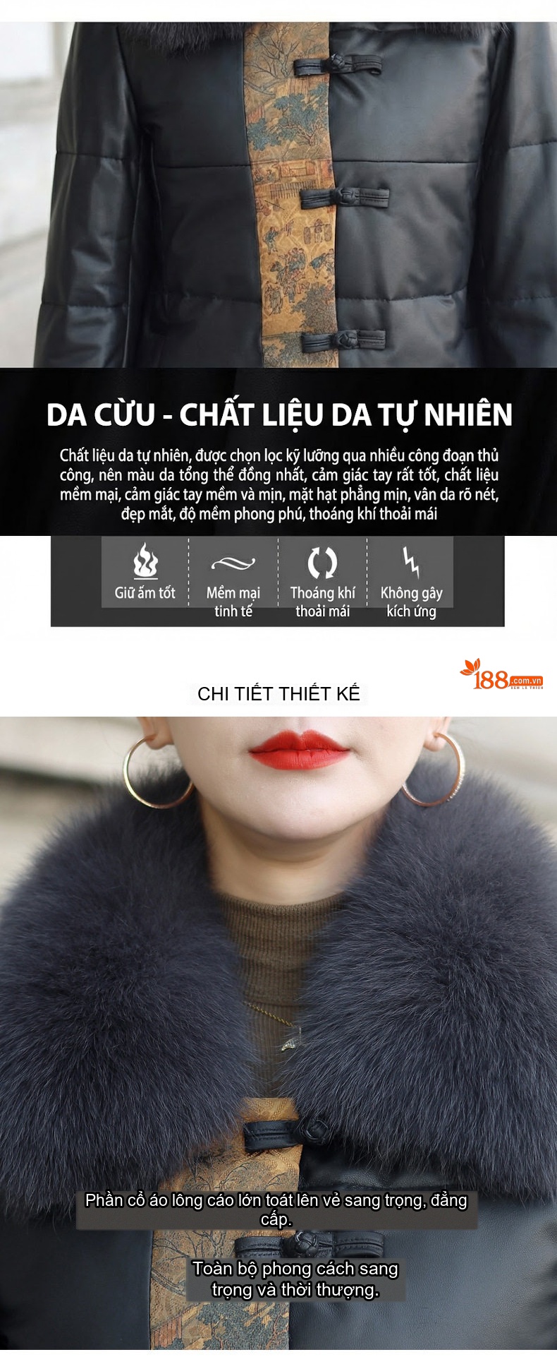 Áo Khoác Phao Nữ Da Thật Lông Vũ Dáng Dài Mùa Đông Màu Đen chi tiết 2