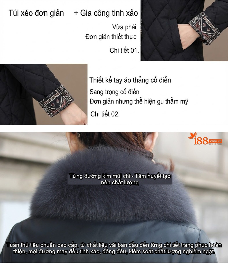 Áo Khoác Phao Nữ Da Thật Lông Vũ Dáng Dài Mùa Đông Màu Đen chi tiết 3