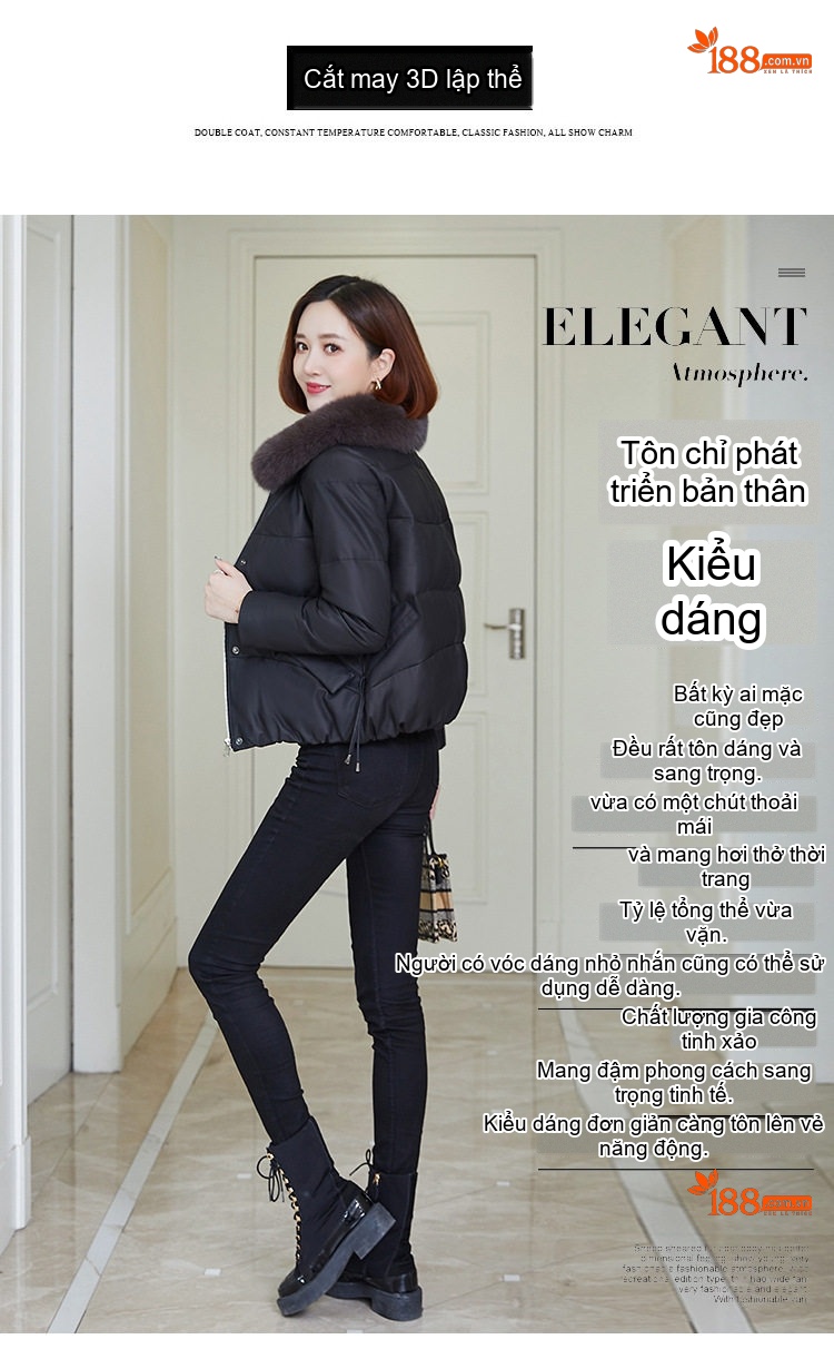 Áo Khoác Phao Nữ Da Thật Lót Lông Vũ Cổ Lông Kiểu Ngắn Màu Đen chi tiết 3