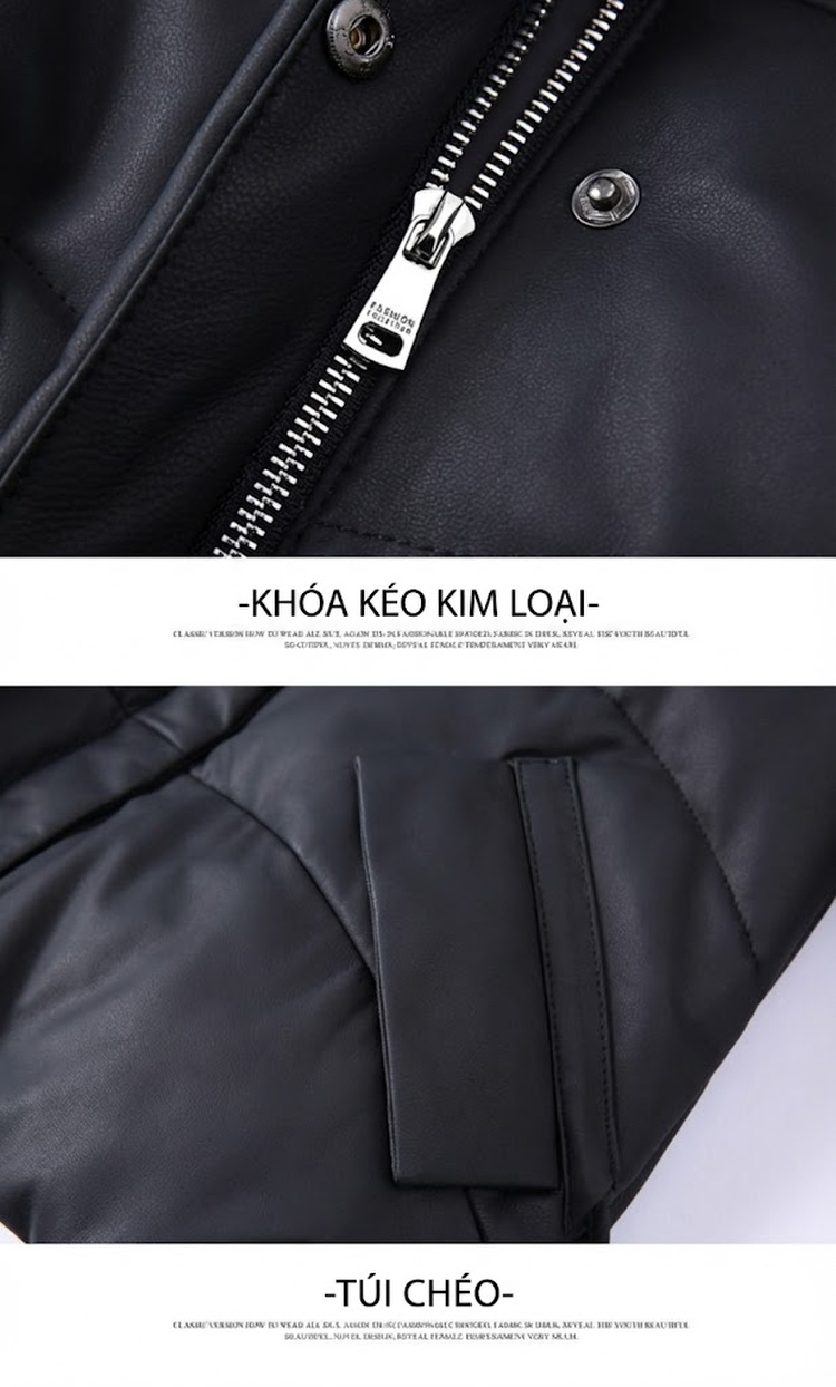 Áo Khoác Phao Nữ Da Thật Lót Lông Vũ Cổ Lông Thú Kiểu Ngắn Màu Đen chi tiết 14