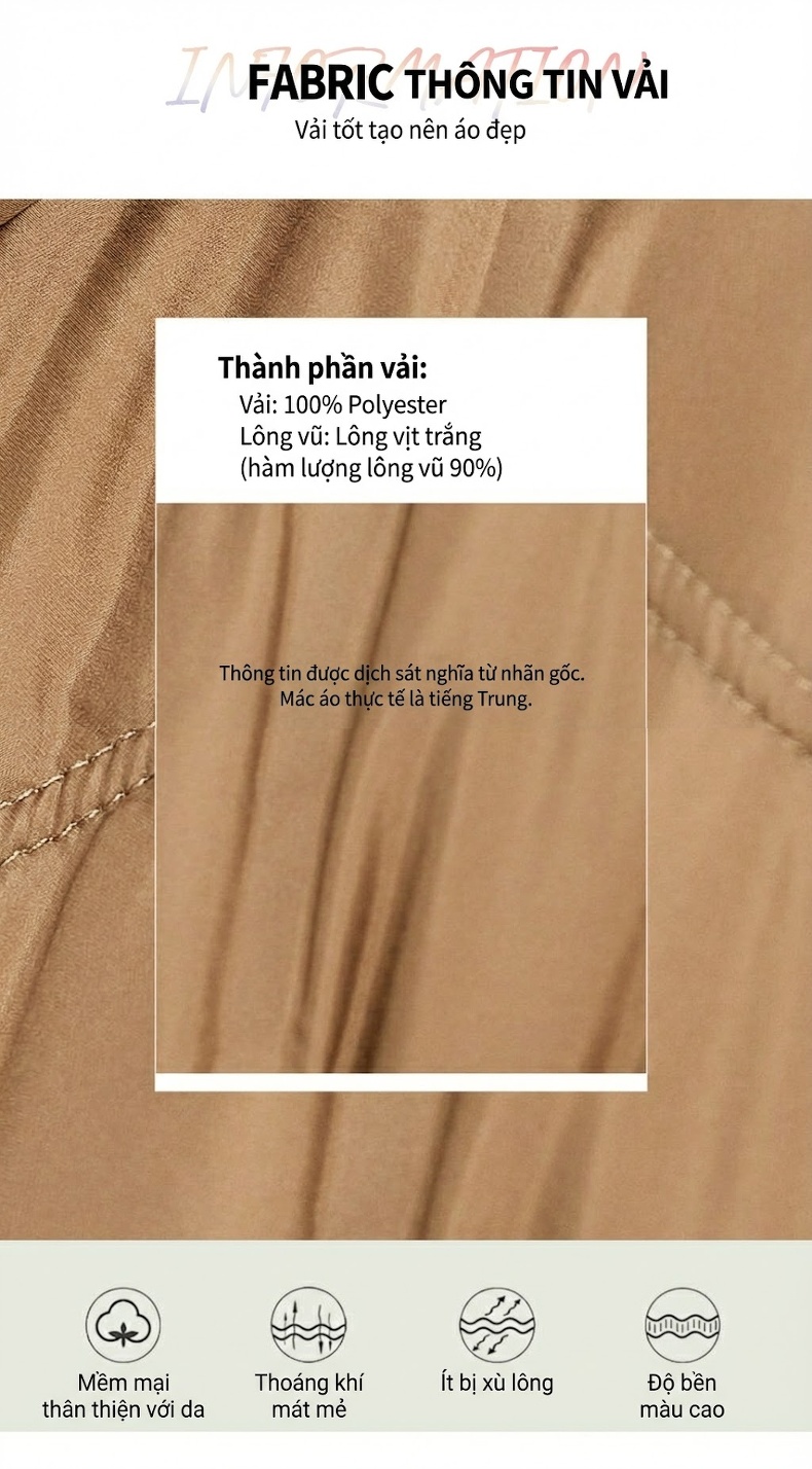 Áo Khoác Phao Nữ Dáng Dài Cổ Trụ Thiết Kế Khuy Cài Kiểu Trung Hoa Lót Lông Vũ Trắng Màu Nâu, Đen chi tiết 6