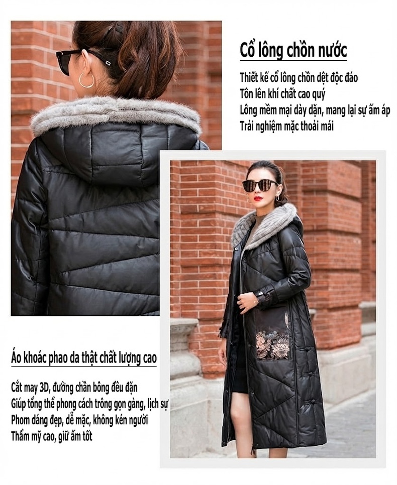 Áo Khoác Phao Nữ Dáng Dài Da Cừu Thật Có Mũ Lông Chồn, Thắt Lưng Eo Màu Đen chi tiết 3