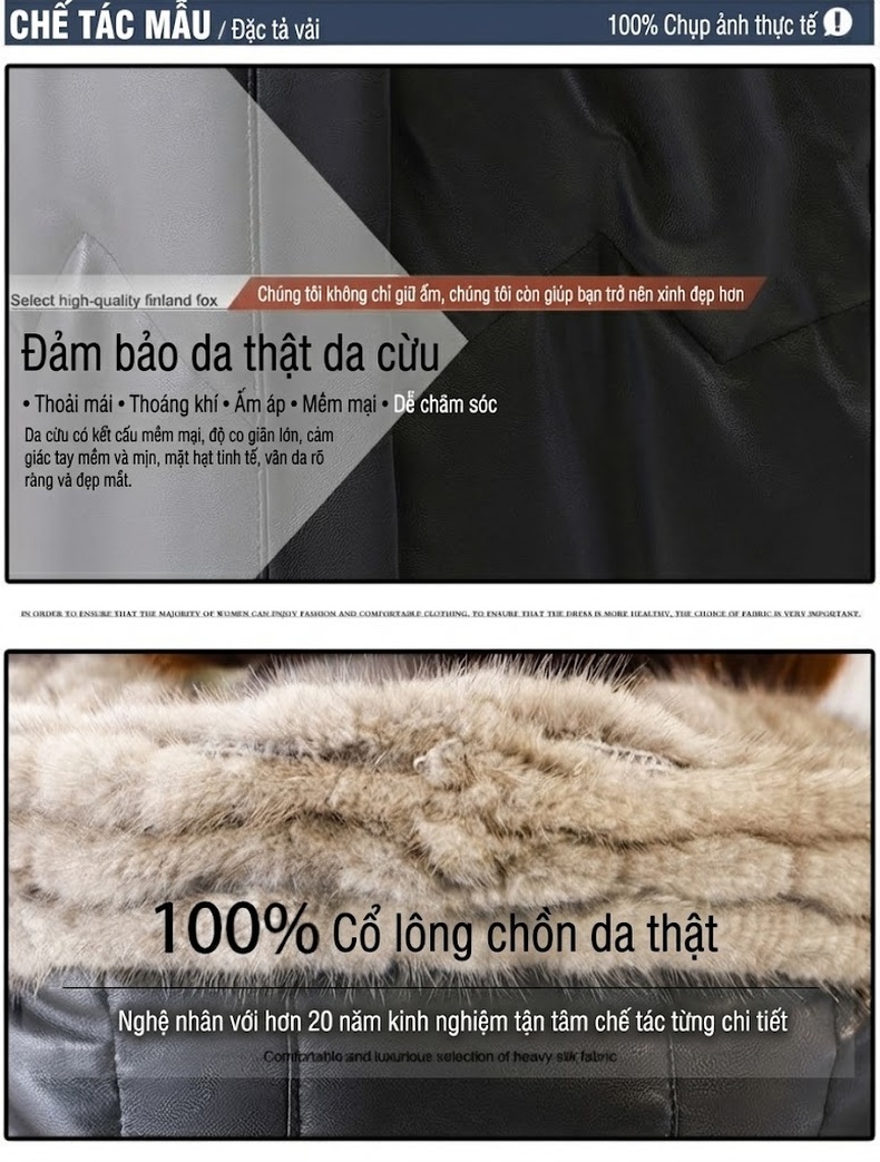 Áo Khoác Phao Nữ Dáng Dài Da Thật Cổ Lông Chồn Kiểu Dệt Màu Đen chi tiết 4
