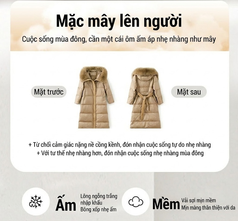 Áo Khoác Phao Nữ Dáng Dài Qua Gối Lông Nhung Trắng Cổ Lông Màu Đen, Trắng, Nâu chi tiết 2