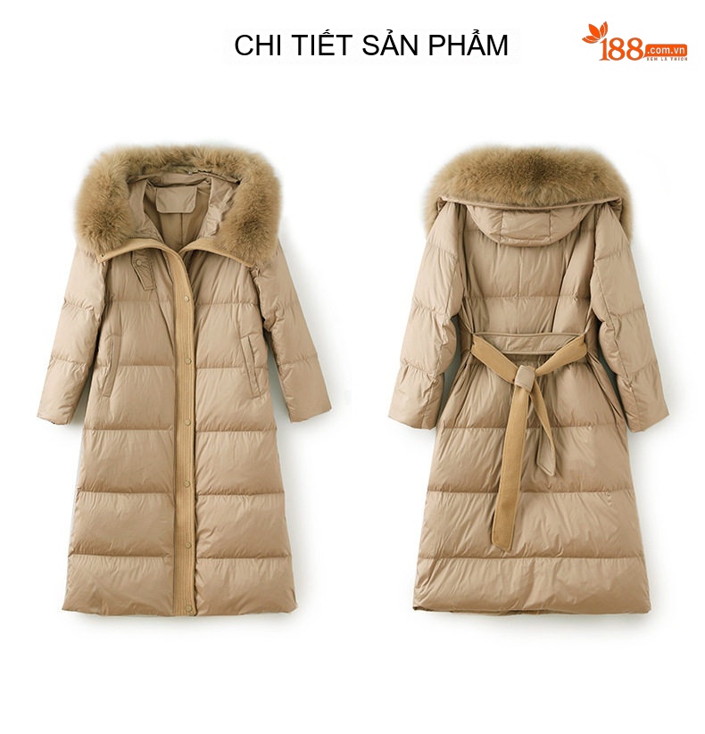 Áo Khoác Phao Nữ Dáng Dài Qua Gối Lông Nhung Trắng Cổ Lông Màu Đen, Trắng, Nâu chi tiết 21