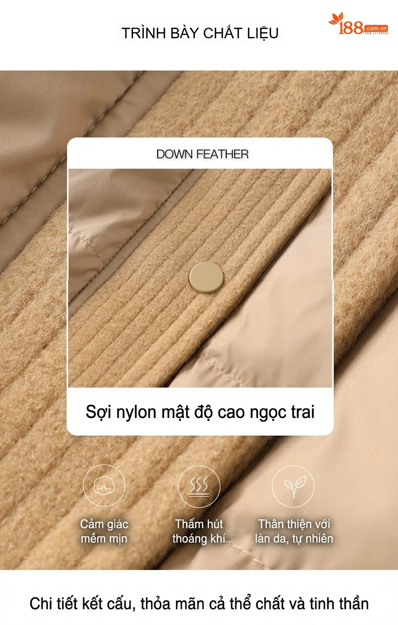 Áo Khoác Phao Nữ Dáng Dài Qua Gối Lông Nhung Trắng Cổ Lông Màu Đen, Trắng, Nâu chi tiết 10