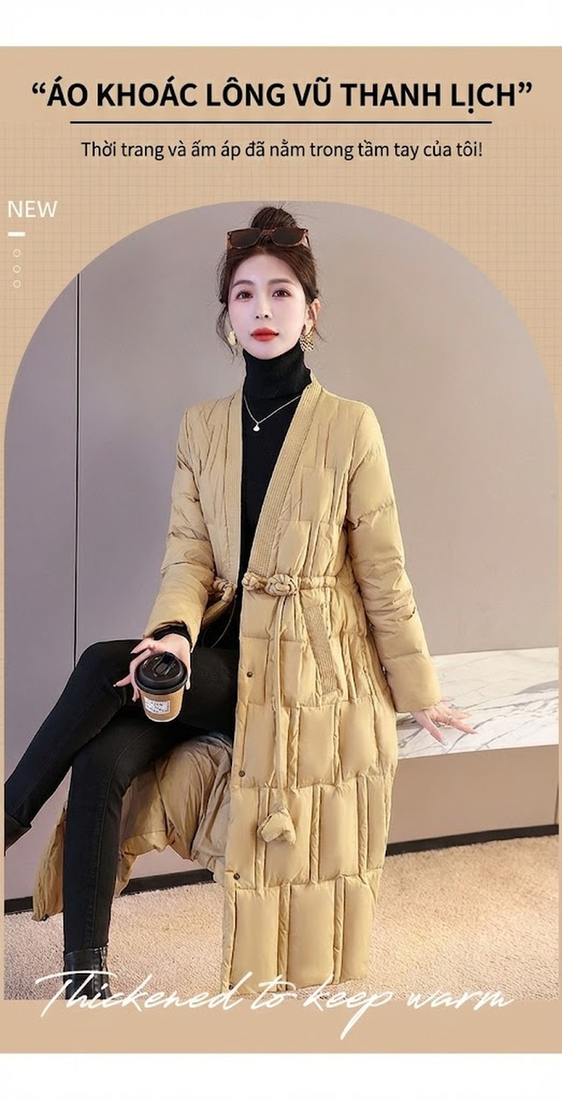 Áo Khoác Phao Nữ Dáng Dài V Cổ Thiết Kế Retro Ấm Áp Màu Đỏ, Be, Trắng, Đen... chi tiết 3