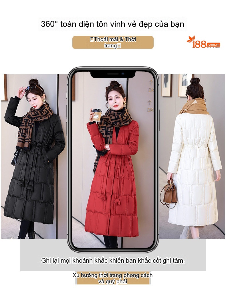 Áo Khoác Phao Nữ Dáng Dài V Cổ Thiết Kế Retro Ấm Áp Màu Đỏ, Be, Trắng, Đen... chi tiết 4