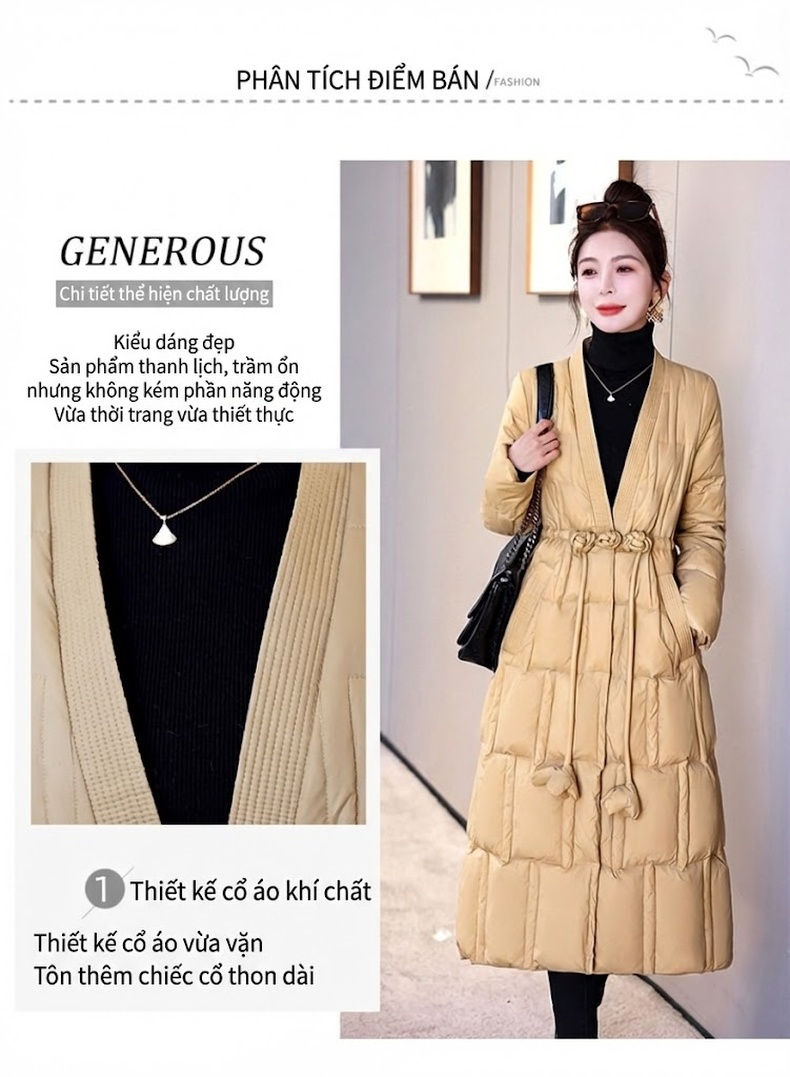 Áo Khoác Phao Nữ Dáng Dài V Cổ Thiết Kế Retro Ấm Áp Màu Đỏ, Be, Trắng, Đen... chi tiết 5