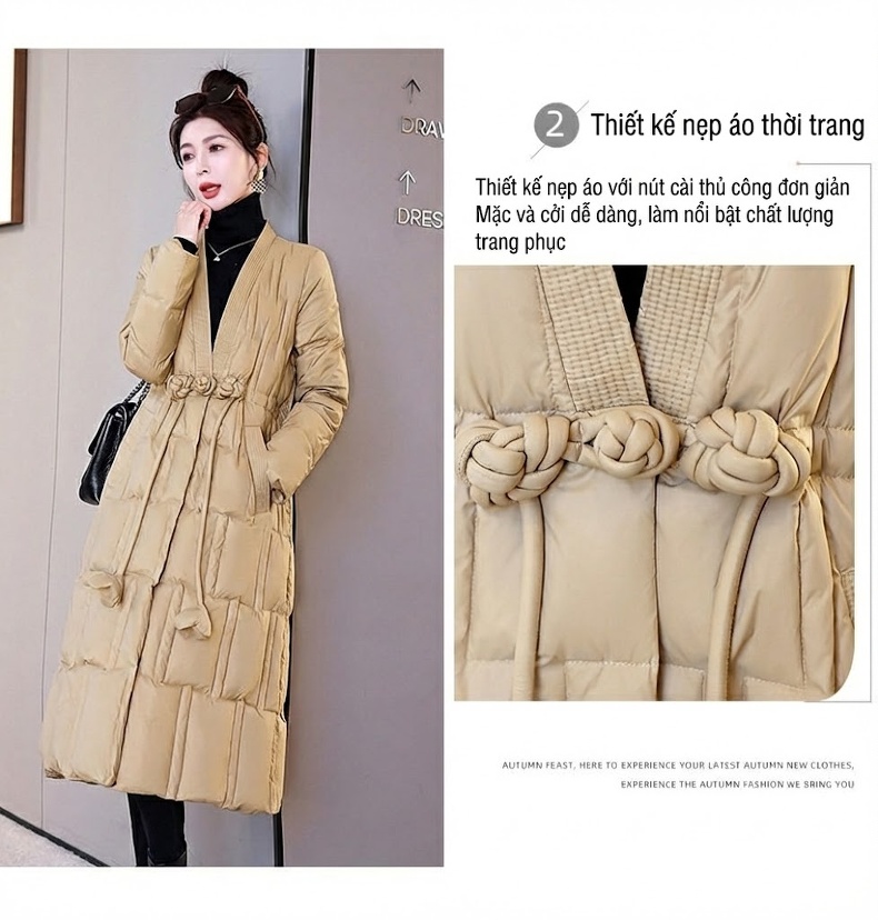 Áo Khoác Phao Nữ Dáng Dài V Cổ Thiết Kế Retro Ấm Áp Màu Đỏ, Be, Trắng, Đen... chi tiết 6