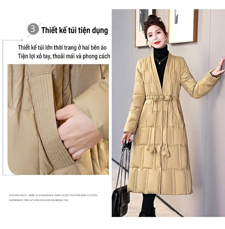 Áo Khoác Phao Nữ Dáng Dài V Cổ Thiết Kế Retro Ấm Áp Màu Đỏ, Be, Trắng, Đen... chi tiết 7