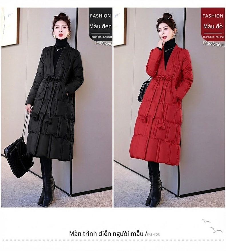 Áo Khoác Phao Nữ Dáng Dài V Cổ Thiết Kế Retro Ấm Áp Màu Đỏ, Be, Trắng, Đen... chi tiết 12
