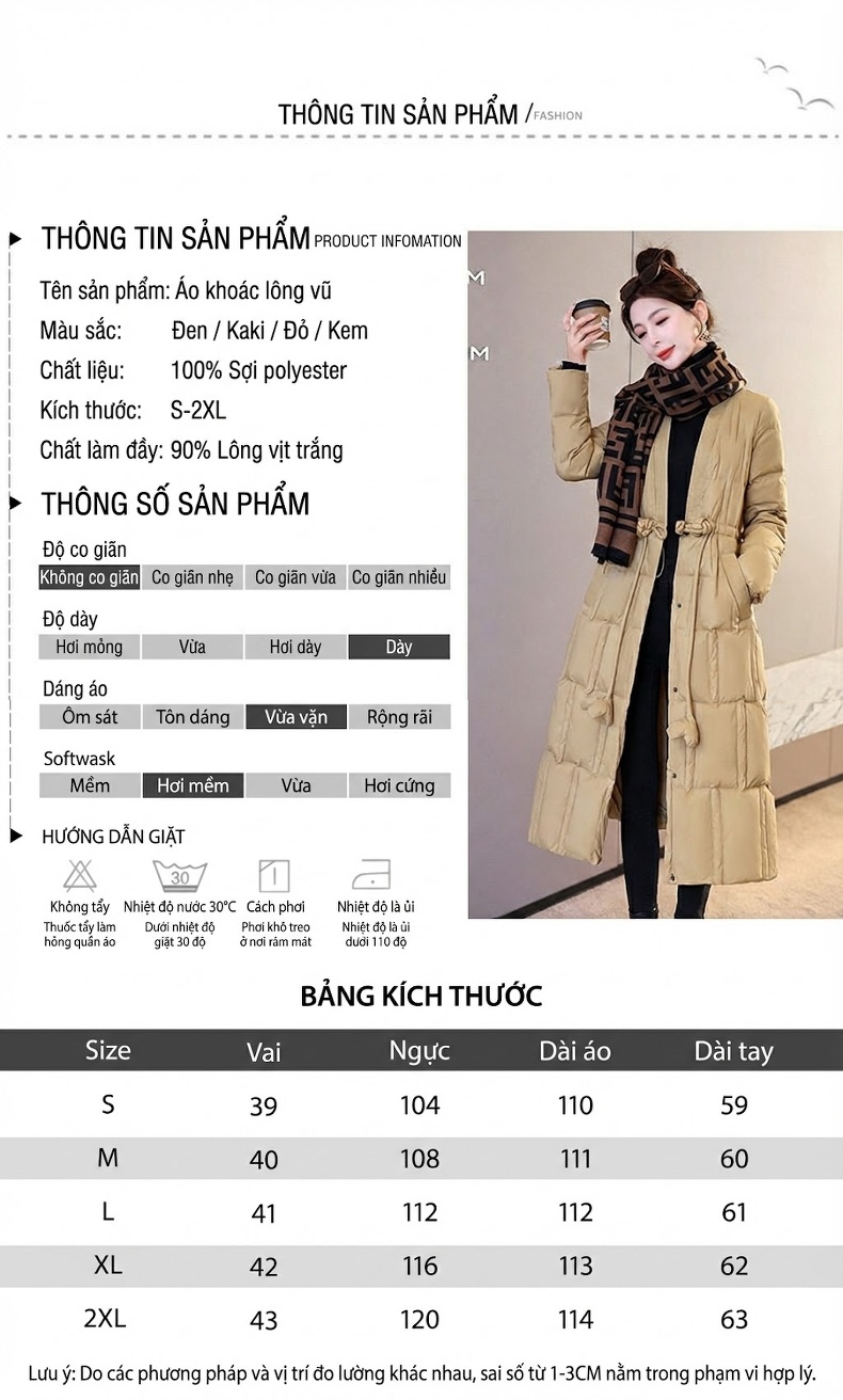 Áo Khoác Phao Nữ Dáng Dài V Cổ Thiết Kế Retro Ấm Áp Màu Đỏ, Be, Trắng, Đen... chi tiết 11