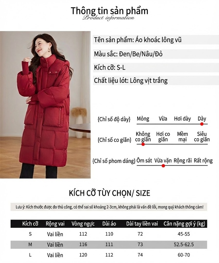 Áo Khoác Phao Nữ Dáng Dài Vải Dày Dặn Ấm Áp Màu Đỏ, Trắng, Đen, Nâu... chi tiết 1