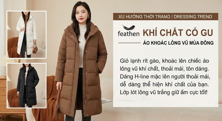 Áo Khoác Phao Nữ Dáng Dài Vải Dày Dặn Ấm Áp Màu Đỏ, Trắng, Đen, Nâu... chi tiết 5