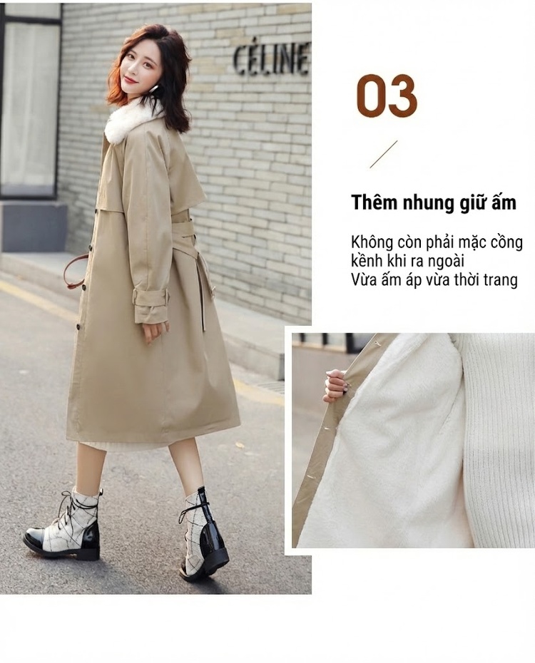Áo Khoác Phao Nữ Dáng Dài Vừa Cotton Cổ Lông Thu Đông Hàn Quốc Màu Be chi tiết 6