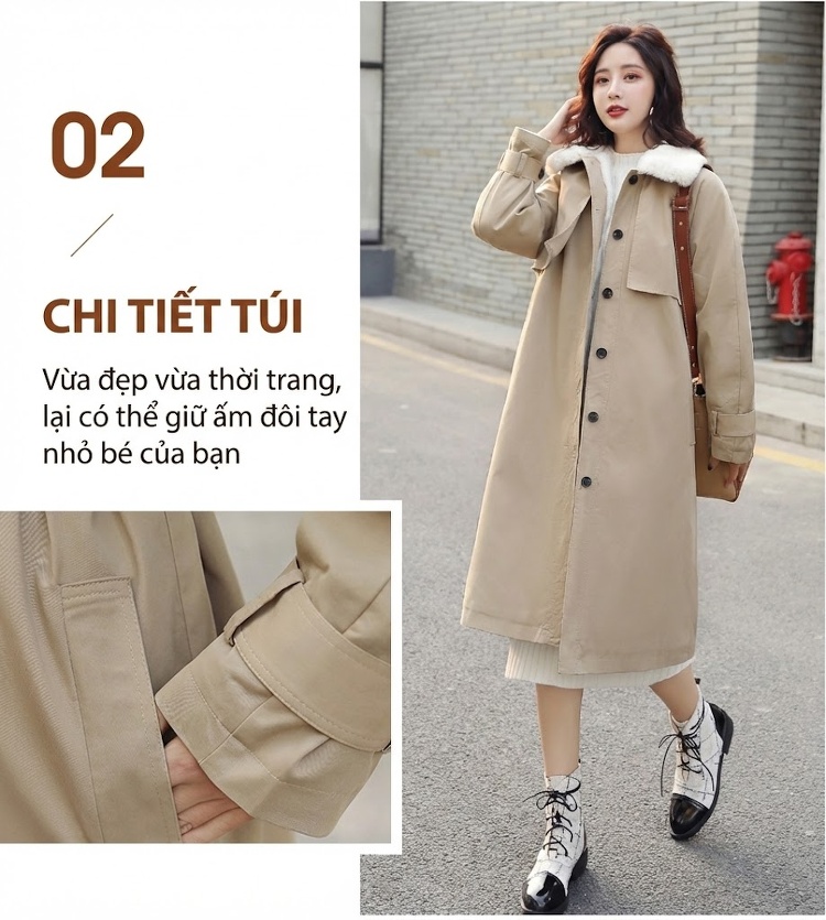 Áo Khoác Phao Nữ Dáng Dài Vừa Cotton Cổ Lông Thu Đông Hàn Quốc Màu Be chi tiết 5