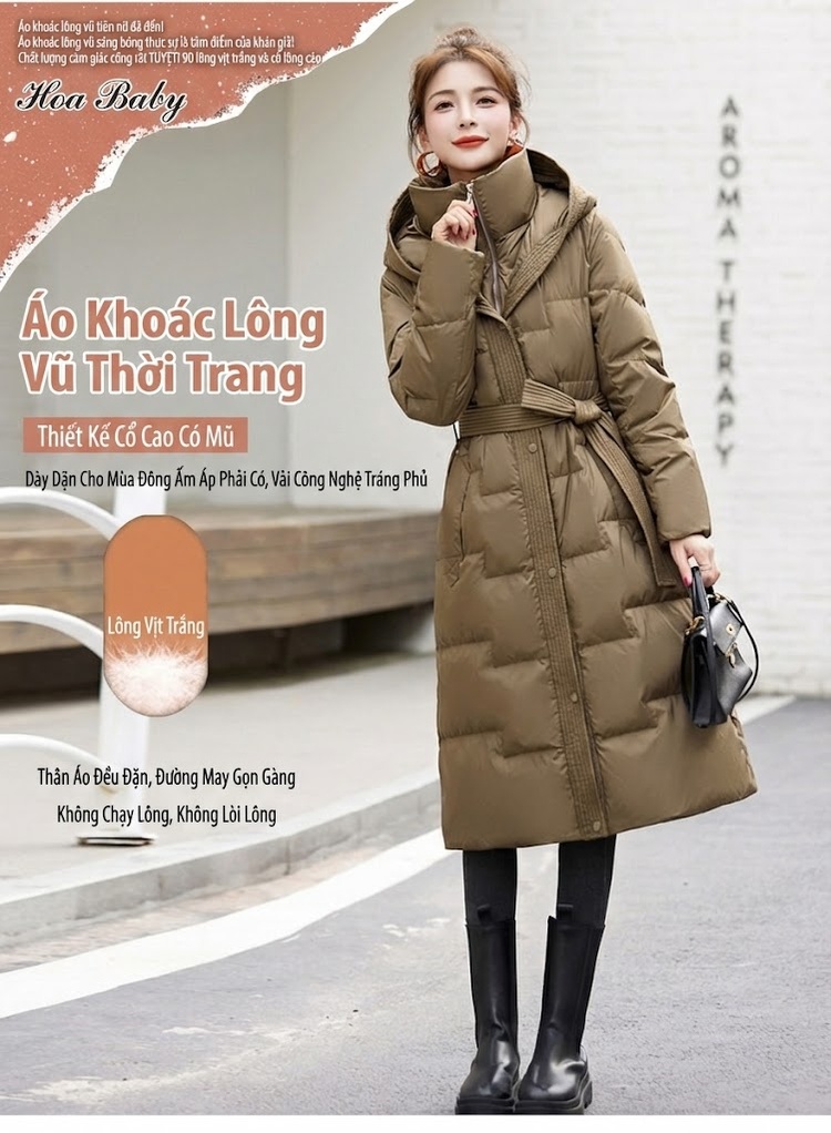 Áo Khoác Phao Nữ Dáng Dài Vừa Đầu Gối Có Mũ Trùm Đầu Dày Dặn Lót Lông Vịt Trắng Giữ Ấm Phong Cách Hàn Quốc Màu Đen, Trắng, Nâu chi tiết 1