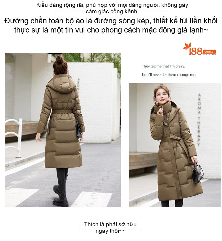 Áo Khoác Phao Nữ Dáng Dài Vừa Đầu Gối Có Mũ Trùm Đầu Dày Dặn Lót Lông Vịt Trắng Giữ Ấm Phong Cách Hàn Quốc Màu Đen, Trắng, Nâu chi tiết 3